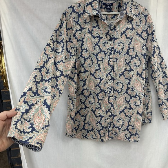 Chaps No Iron Button Front Shirt SZ 1X Blue Pink Paisley Cotton Long Sleeve Top - Picture 4 of 13